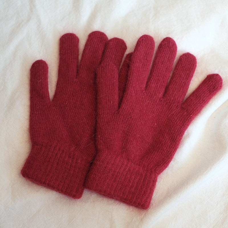 Women's Winter Finger Knitting Cute Monochrome Girl Versatile Pure Color Warm Gloves