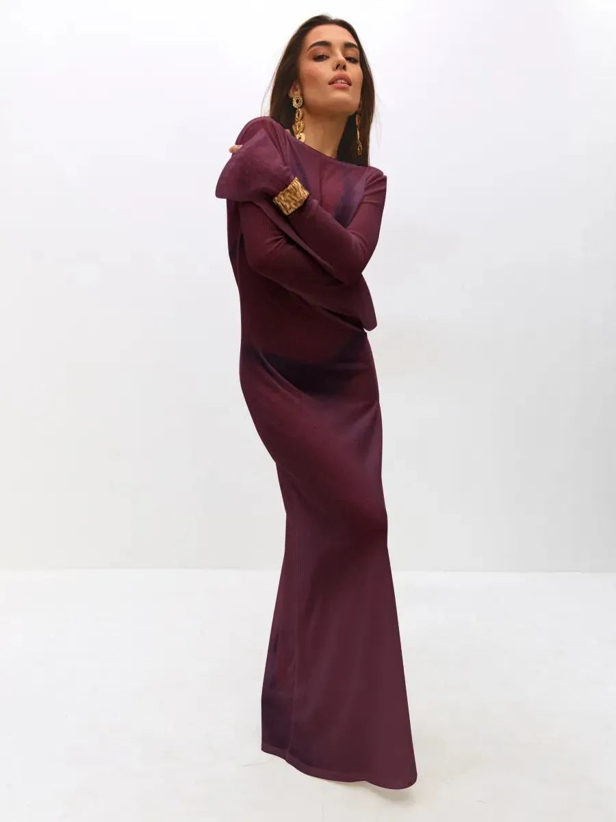 Long Sleeve Solid Color Round Neck Beach Dress