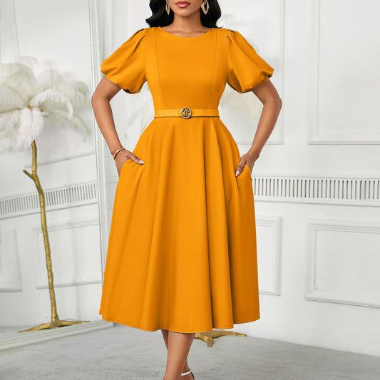 Elegant High-waisted Solid-color Round-neck Dress With Fashionable Balloon Sleeves