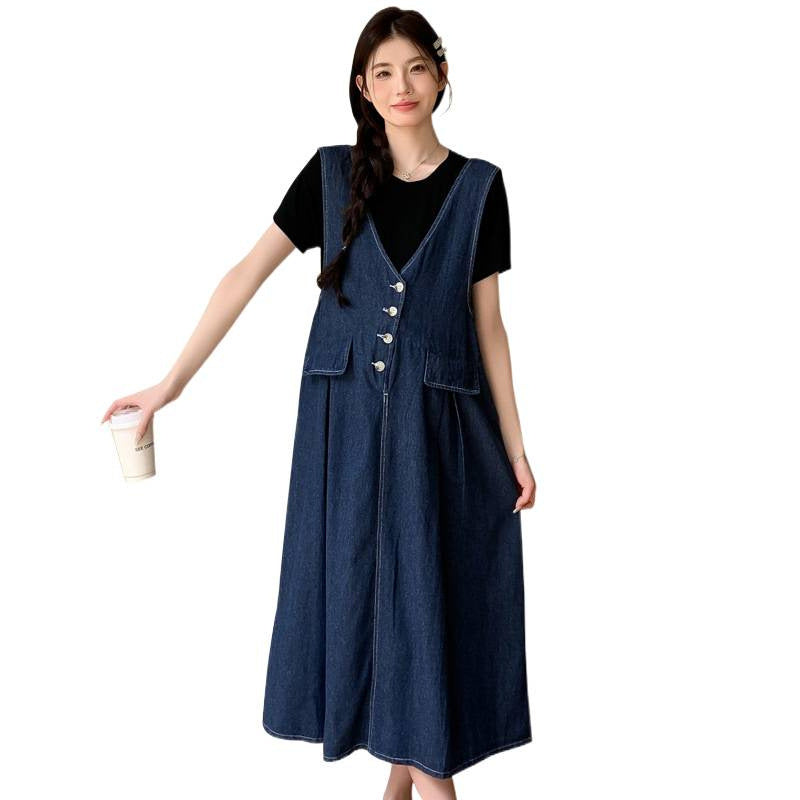 Plus size tynd denimvest, nederdel, basis T-shirt, todelt sæt