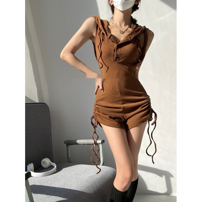 American Hot Girl Hooded One-piece Vest T-shirt Shorts