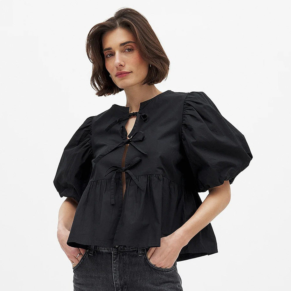 Cotton Lace Up Round Neck Loose Short Sleeved Top