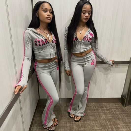 Women's Fashionable Casual Versatile Color-blocked Retro-style Sporty Printed Top And Pants Set