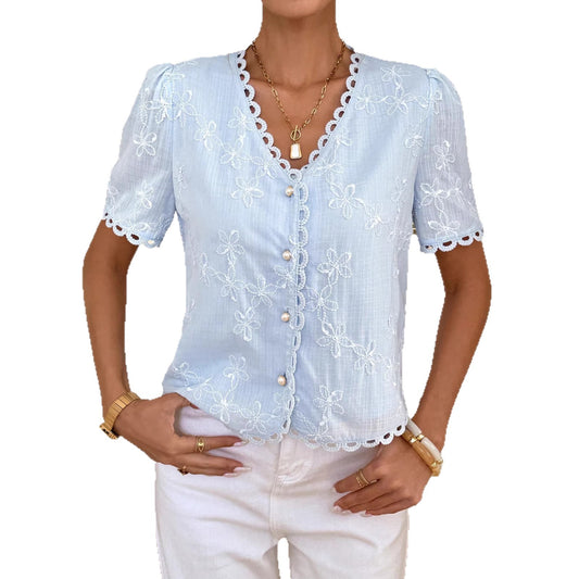 Lace-trimmed V-neck Short-sleeve Chiffon Embroidered Blouse With A French-inspired Cutout Design