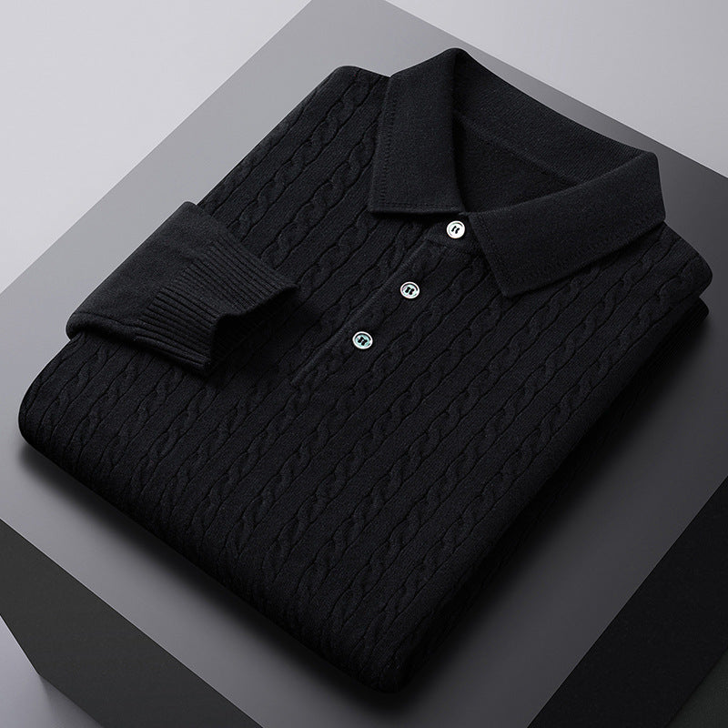 Autumn New Twisted Floral Polo Long Sleeve Loose Casual Bottoming Sweater For Men