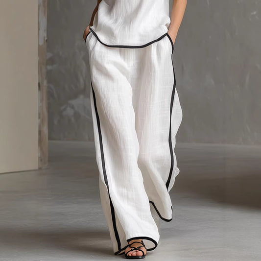 Sleeveless V-Neck Black Trim Contrast Color Simple Womens Top And Wide-Leg Pants Set
