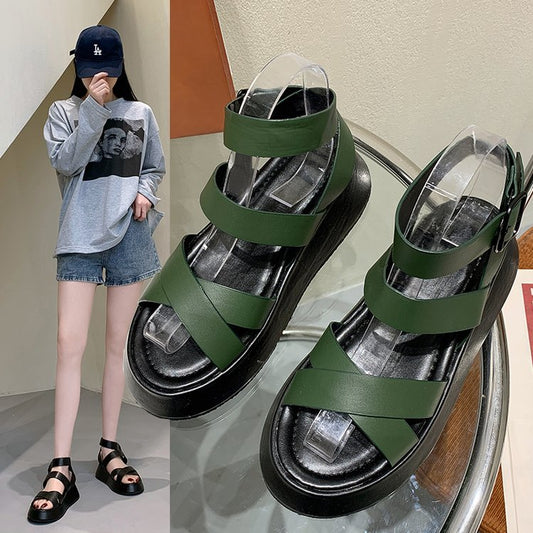 Thick-soled Heightened Roman Shoes Retro Round Head Thin Belt Buckle Sandals