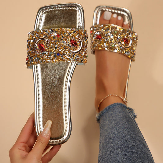Women's Slippers Fashion Rhinestone Sequins Flat One-word Casual Cool
