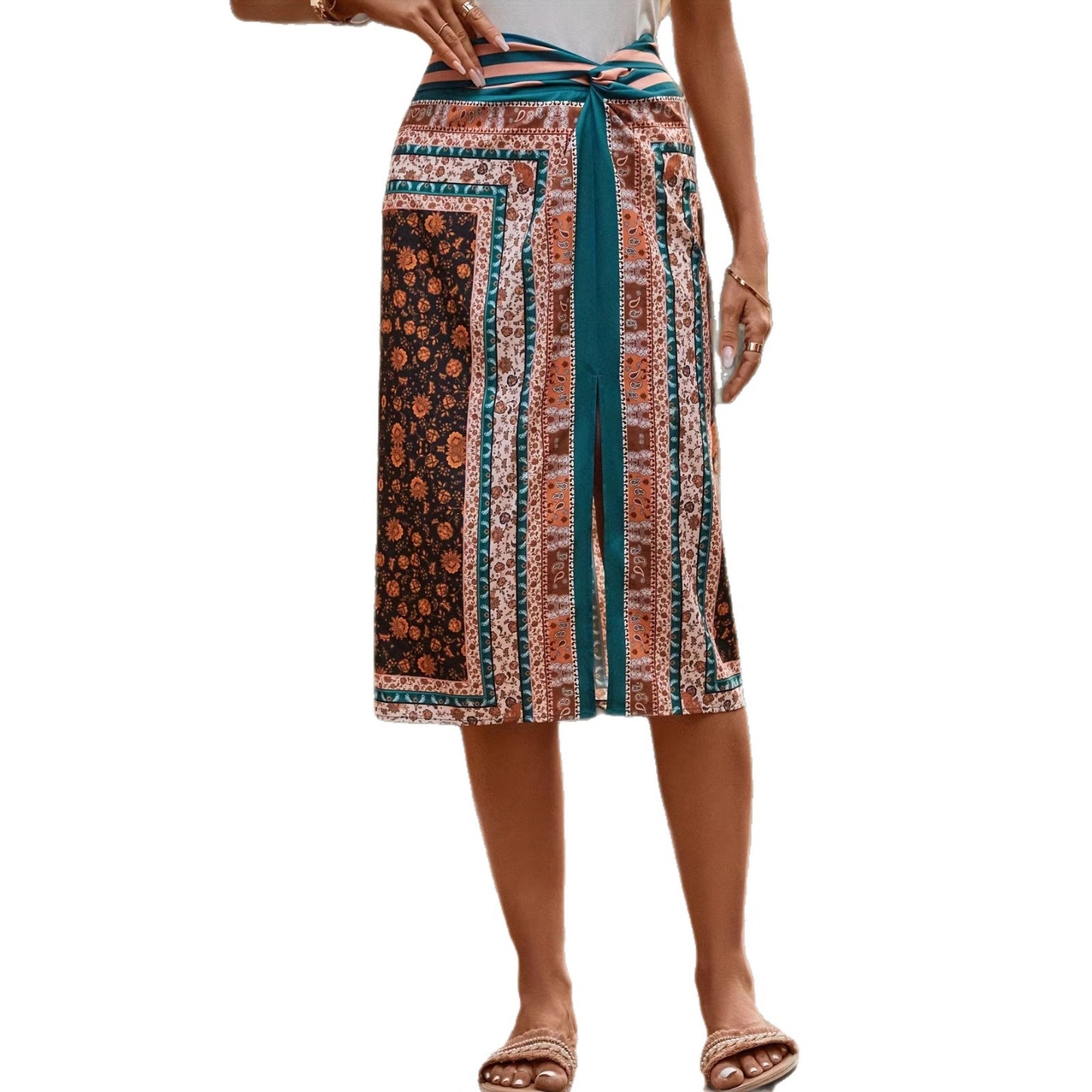 Retro Printed A Line Skirt With A High Waist And A Slit To Flatter Your Figure