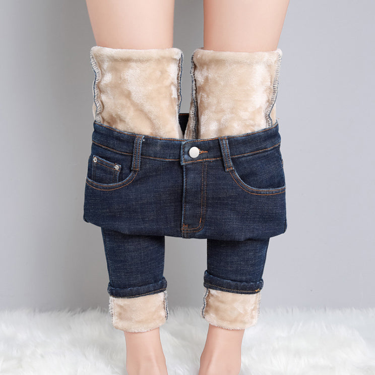 High Waist Velvet Thickening Denim Female Stretch Feet Pants