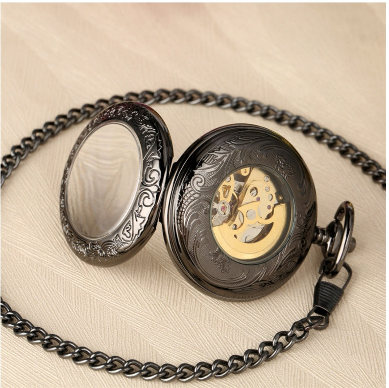 Flip Cover Transparent Carved Magnifying Glass Automatic Engraving Mechanical Pocket Watch