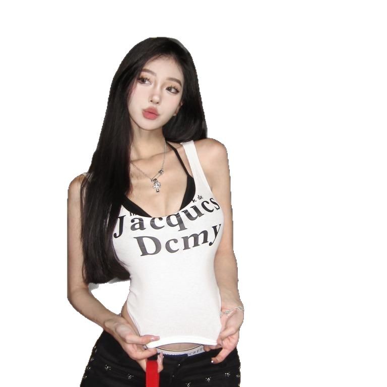 Womens Camisole With Double-row Letter Print Faux Two-piece Design