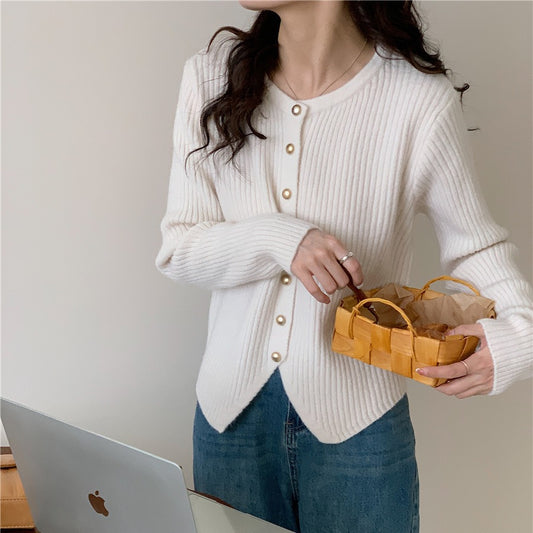Irregular Crew Neck Knitted Cardigan Slim-fit Sweater Coat