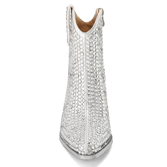 New Pointed High Heel Chunky Heel Rhinestone Side Zipper Fashion Short Boots