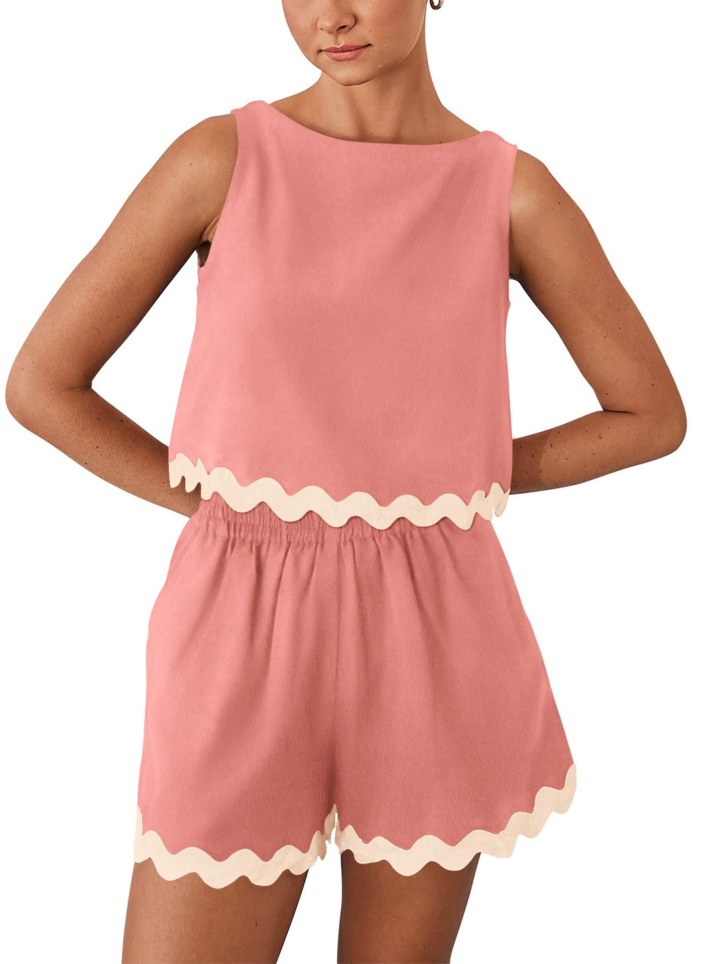 Summer Two-Piece Set Linen Lace-trimmed Crew-neck Tank Top And Short Pants