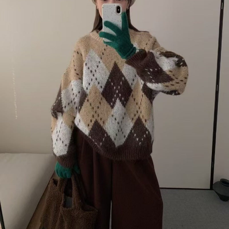 Women's Rhombus Pullover Retro Lazy Style