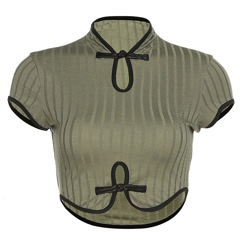 Round Neck Short Sleeve Cutout Slim Fit Vintage T-Shirt Polyester Blouse
