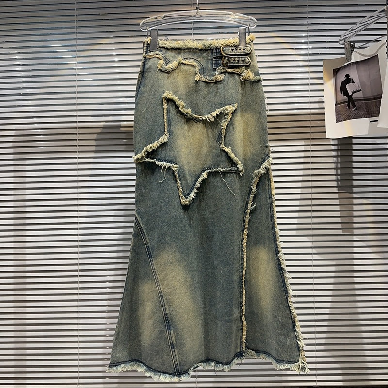 New And Old Vintage Washed Denim Skirt For Women