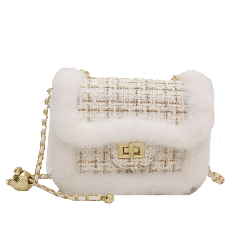 Checked Plush Side Small Gold Bead Metal Small Square Bag