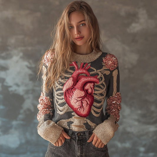 Womens 3D Digital-print Crew-neck Loose Sweater