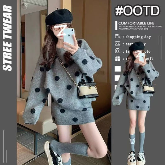 Fashion Casual Loose Knitted Top Sweater Dress Two-piece Set