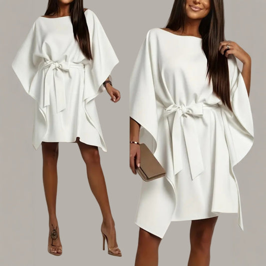 New Womens Loose Casual Dress In White With Batwing Sleeves And A Tie Waist