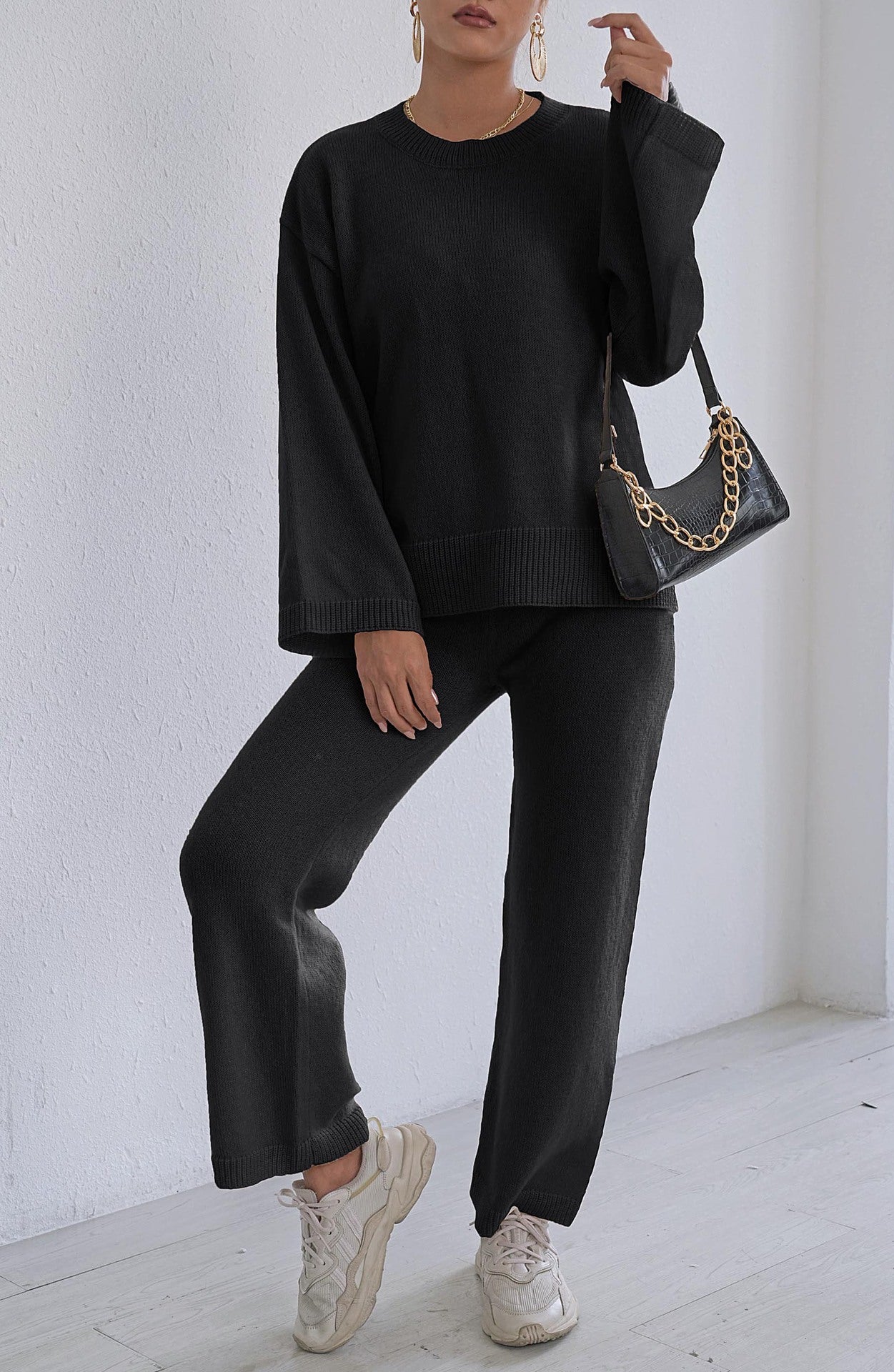 Loose Comfort And Casual Pullover Sweater Straight Wide Leg Pants Trousers Two-piece Set