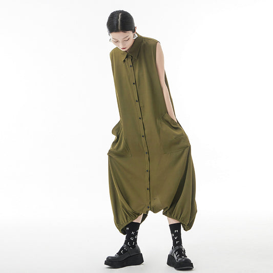 Tynd ærmeløs jumpsuit med revers til kvinder, sommer, japansk stil