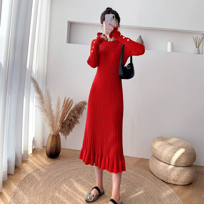 Above-the-knee Sweater With Ruffled Hem Knitted One-piece Dress