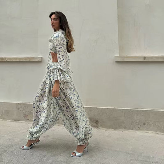 Floral Print Long Sleeve Waist Drawstring Floral Pants Two-piece Set