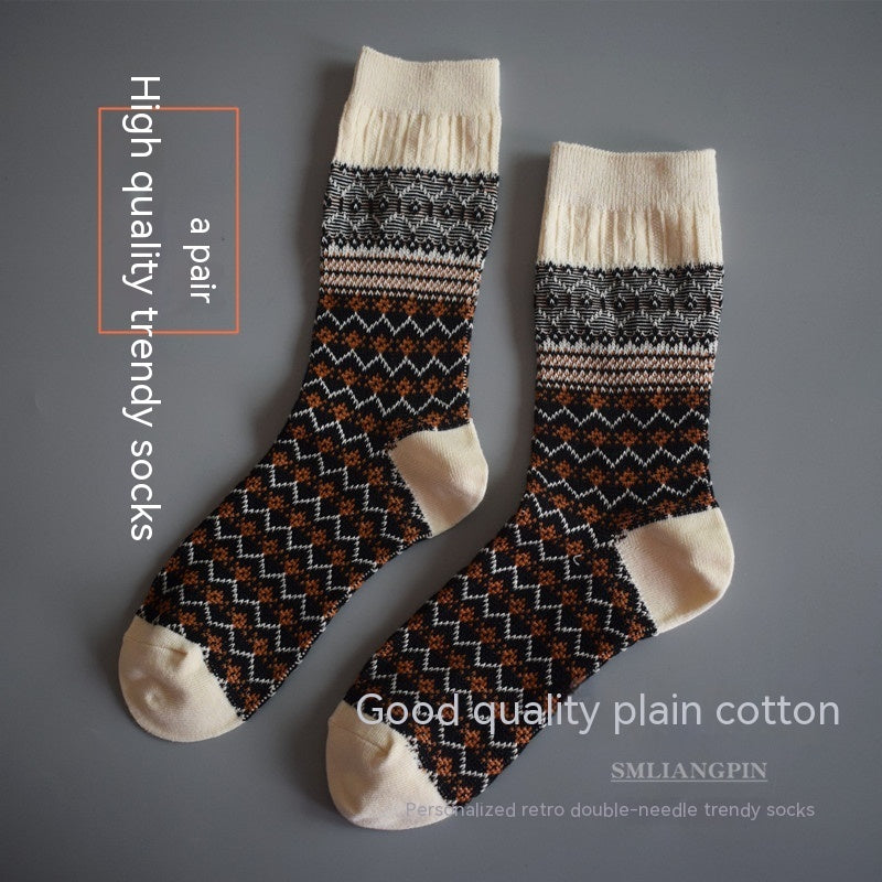 Mid Length Double Needle Christmas Artistic Retro Ethnic Style Long Socks