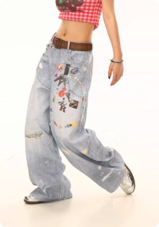 American-style Washed Chain Print Loose-fitting Jeans For Women