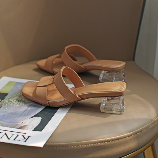 New Outdoor Real Soft Leather Chunky Heel Square Toe Open Toe Sandals
