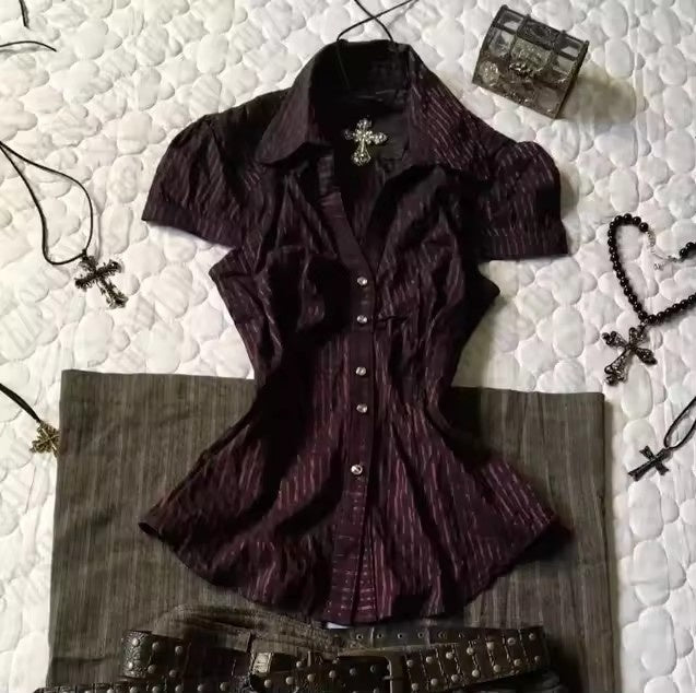 Graceful Collar Lapel Pleated Single-breasted Slim Fitted Waist Striped Solid Color Shirt