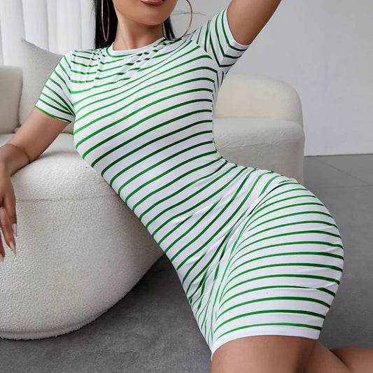 Summer Striped Short Sleeve Sheath Dress