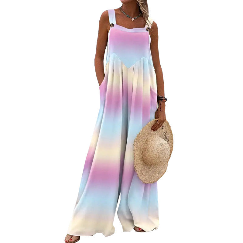 Printed Sleeveless Loose Casual Suspender Jumpsuit Wide Leg Pants Women
