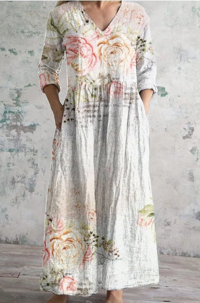 Womens Loose Stylish V-Neck Printed Dress