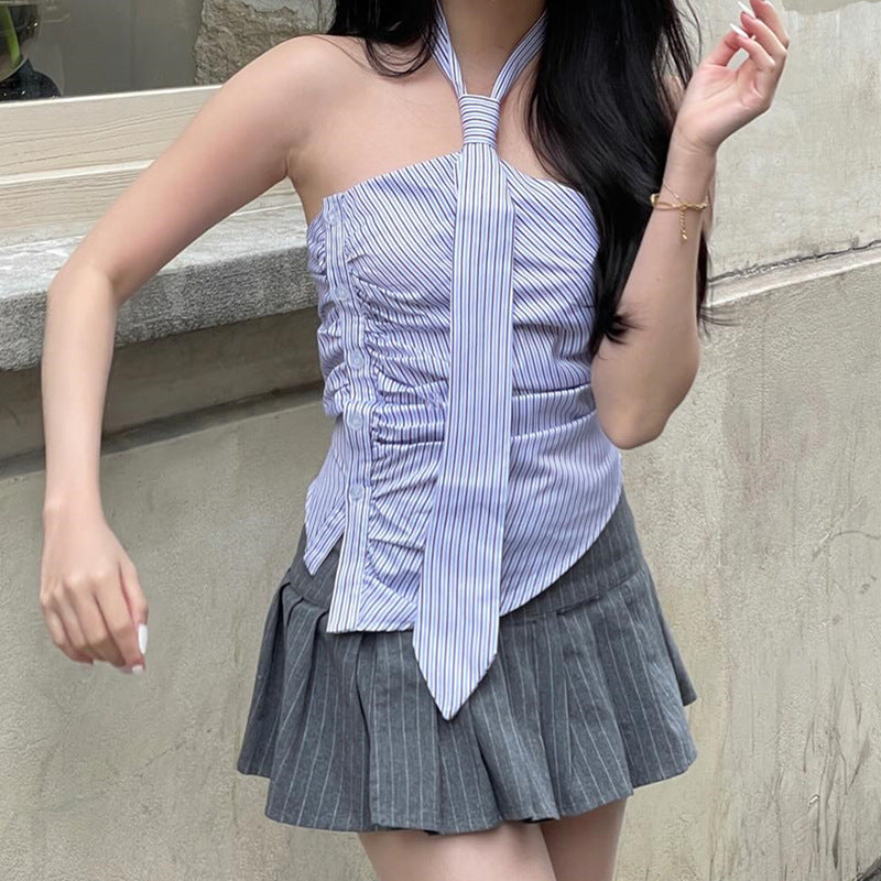Irregular Striped Printed Tie Design Halter Vest