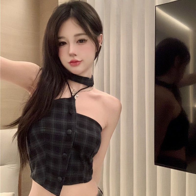 Women's Short Plaid Halterneck Camisole