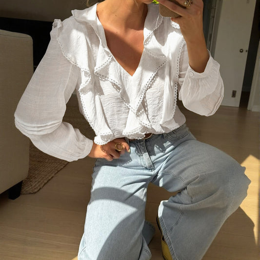 French Pastoral Style Lace Ruffled V-neck Blouse For Women