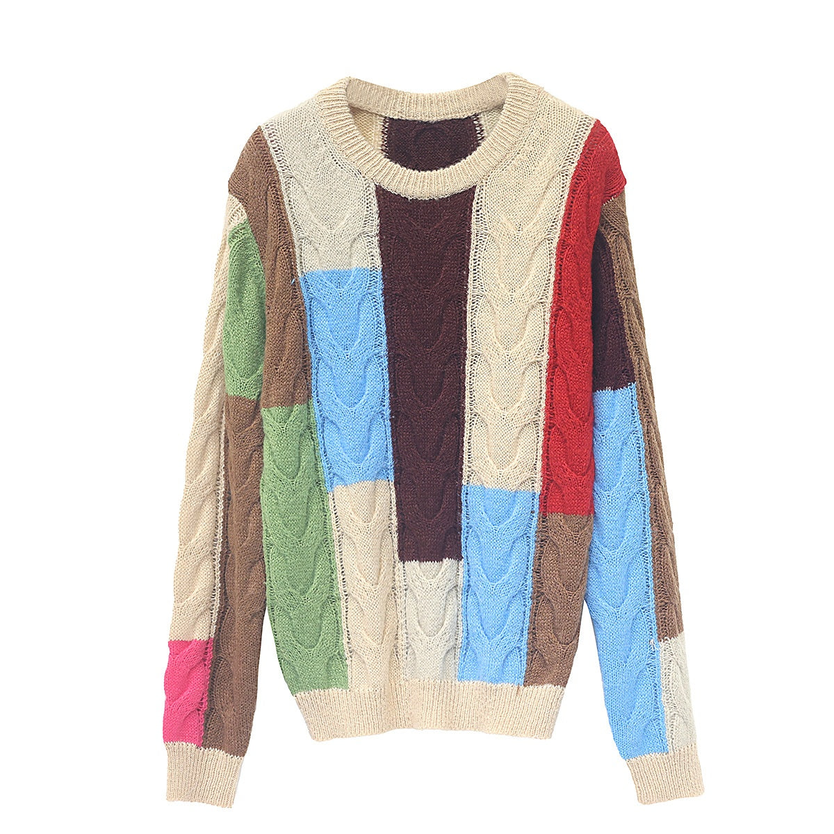 Contrast Color Round Neck Pullover Knitting Long Sleeve Outer Wear Blouse