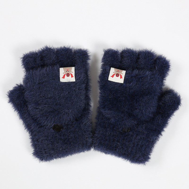 Plush Winter Half Finger Flap Warm Thickened Mink Like Knitting Gloves