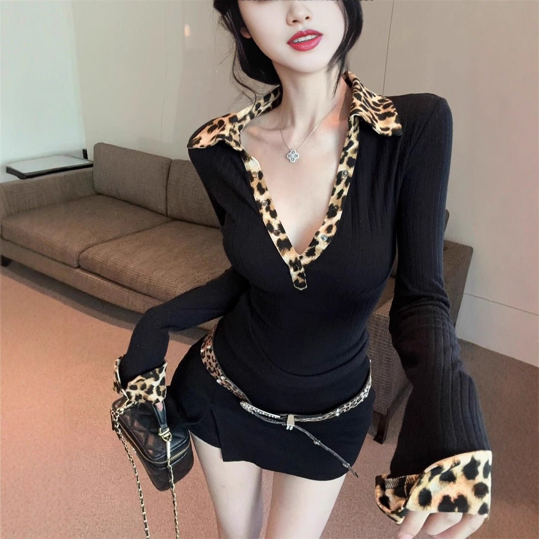 Women's Leopard Print Knitted Base Layer Top