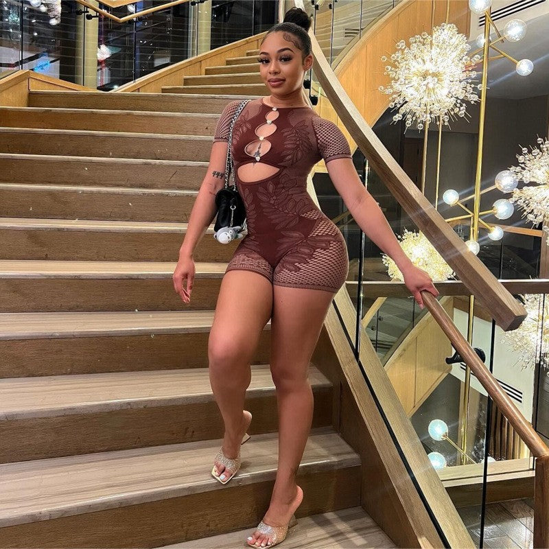 Crew-neck Three-quarter-sleeve Figure-hugging Sexy One-piece Shorts