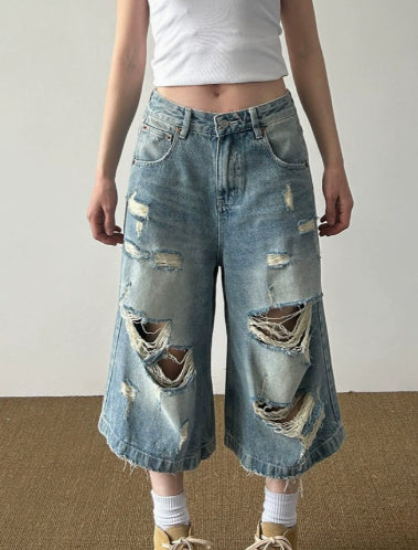 Retro Worn Looking Washed-out Ripped Cat Beard Denim Shorts