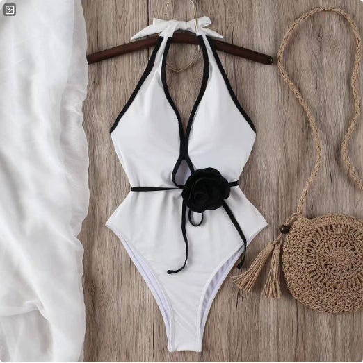Pure Color Halter Waist Lace Flower Waist Slimming Slim Fit One-piece Sunscreen Women's Swimsuit