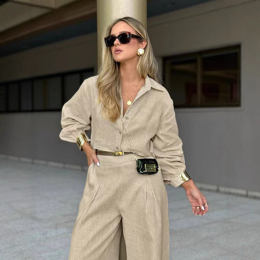 Womens Casual Khaki Cotton-Linen Two-Piece Set Loose-Fit Shirt And Wide-Leg Pants