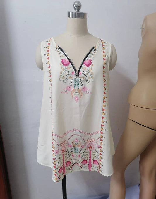 V-neck Zipper Printed Top