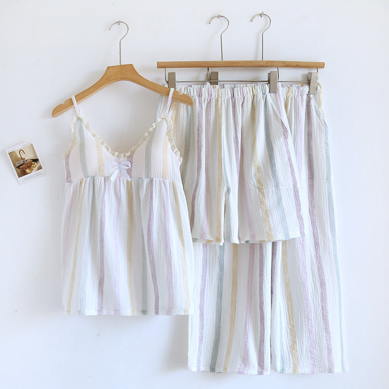 Dame Tredelt Pyjamas Med Sommer Seler i Ren Bomuld