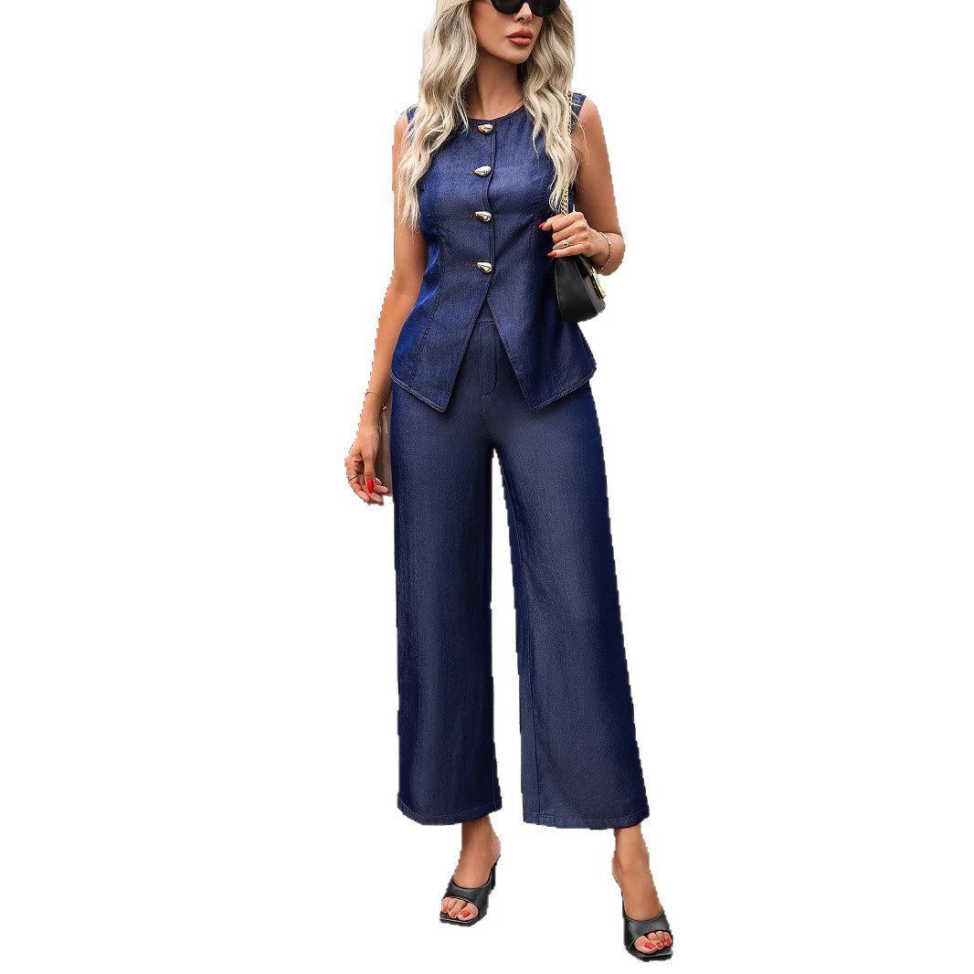 High-waisted Straight-leg Pants Two-piece Set With A Fitted Vest Top